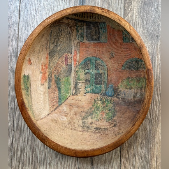 Vintage Hand Painted Wooden Rustic Bowl Italian Village Scene Signed Folk Art - Picture 2 of 8
